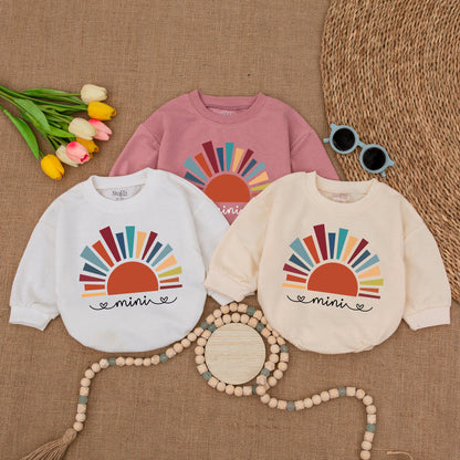 Mini Sunshine Baby Romper Boho Sun Design Bubble Romper Little Sunshine Bodysuit Teal Orange Yellow Rays Minimalist Summer Outfit Gender Neutral Clothes (135 chars)