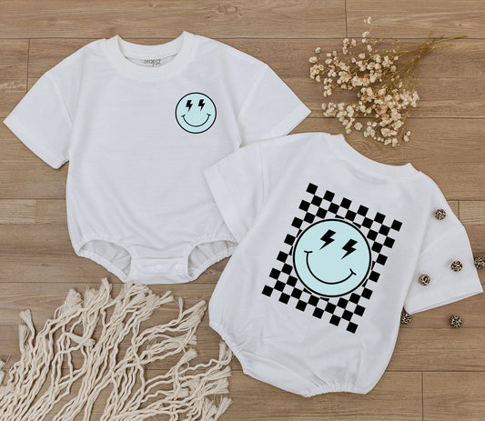 Retro Smiley Face Baby Romper Cute Checkered Bodysuit for Infant Toddler Girls Boys Soft Cotton Comfortable Playwear Perfect Baby Shower Gift