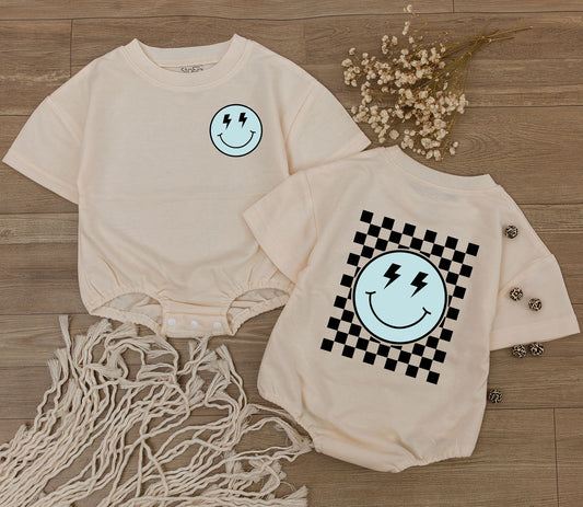 Retro Smiley Face Baby Romper Cute Checkered Bodysuit for Infant Toddler Girls Boys Soft Cotton Comfortable Playwear Perfect Baby Shower Gift