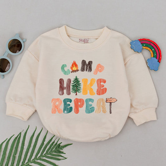 Retro Camp Hike Repeat Baby Romper Vintage Woodgrain Adventure Bodysuit Outdoor Lover Tiny Adventurer Outfit