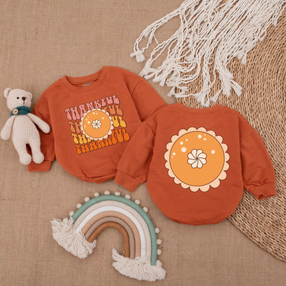 My First Thanksgiving Thankful Baby Bubble Romper Retro Fall Outfit Peach Orange Pie Design Autumnal Infant Clothes Brown Hues