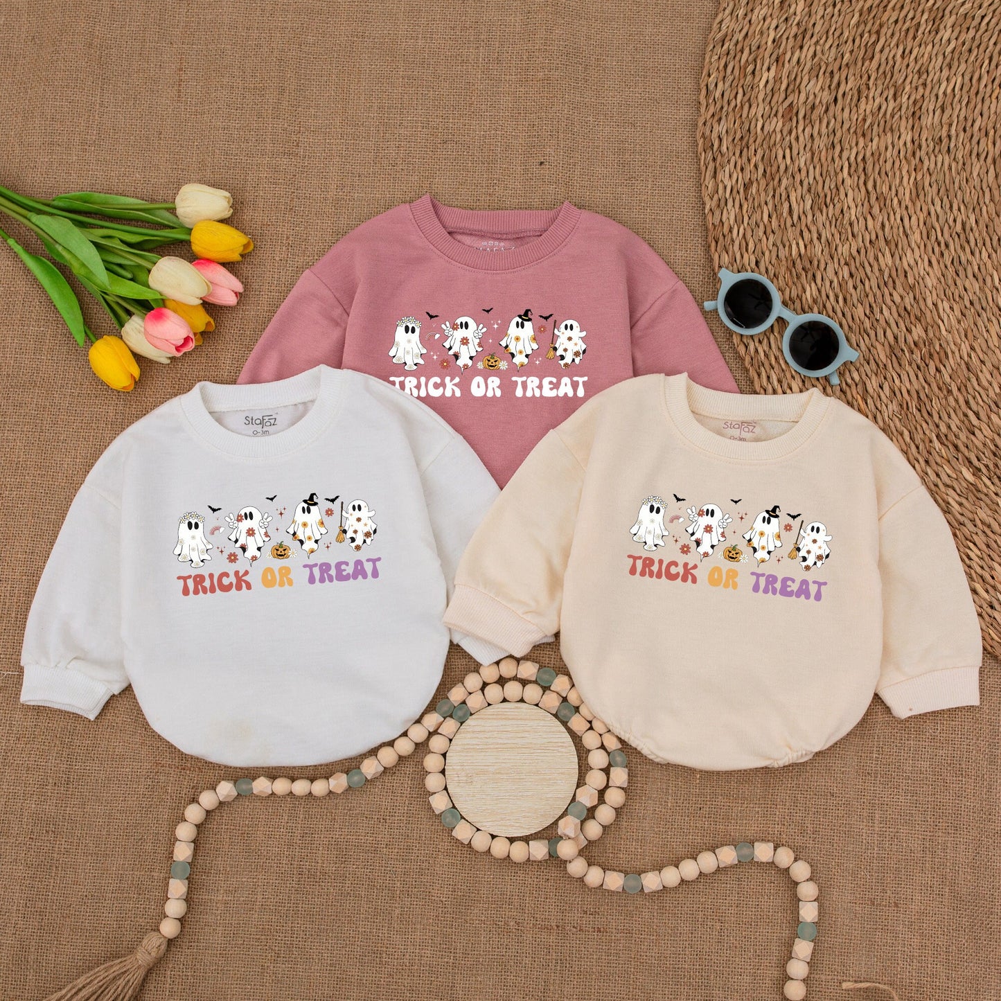 Retro Ghost Trick or Treat Baby Romper Bodysuit with Flying Bats and Stars, Fall Halloween Bubble Sweatshirt Outfit for Infant Girl Boy Shower Gift