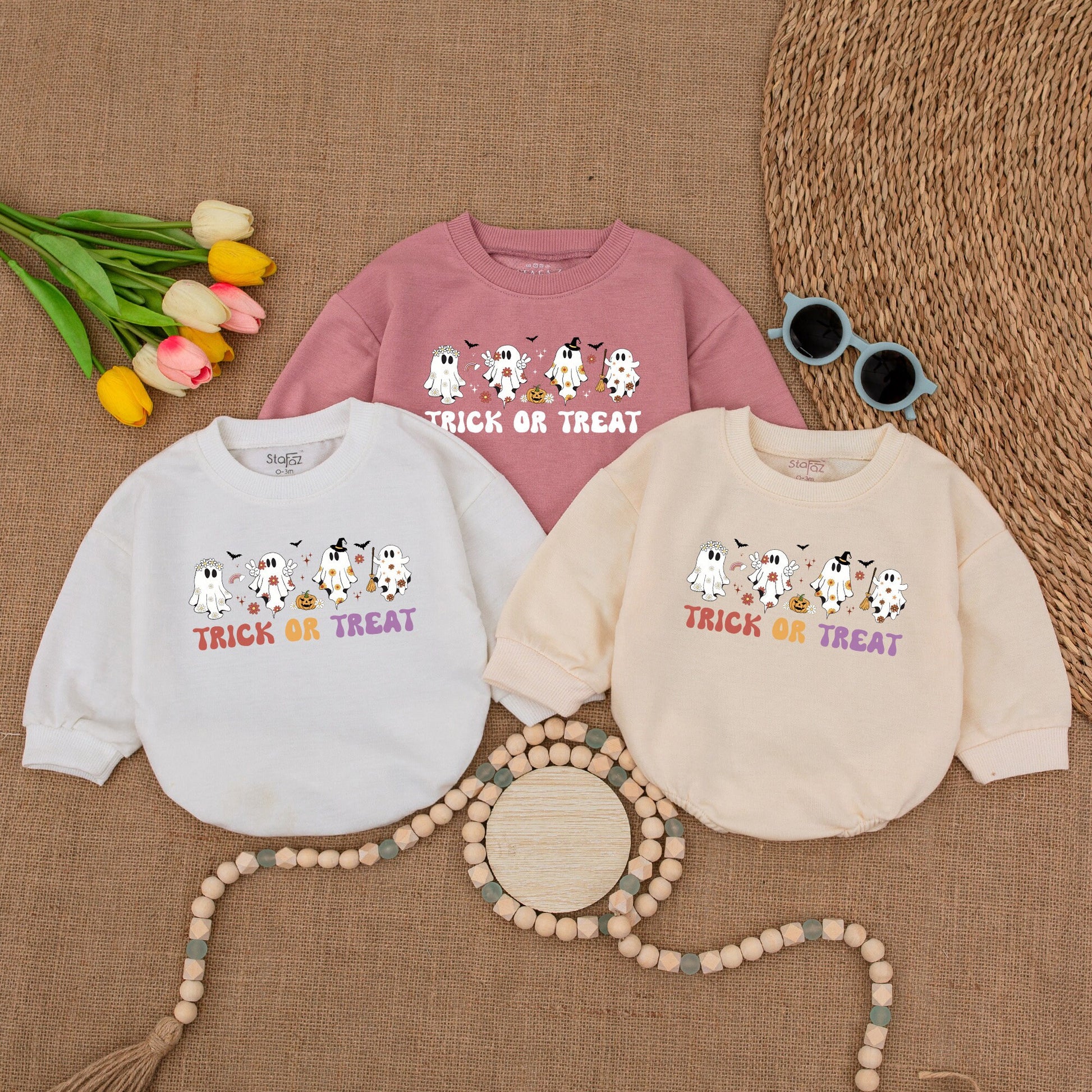 Retro Ghost Trick or Treat Baby Romper Bodysuit with Flying Bats and Stars, Fall Halloween Bubble Sweatshirt Outfit for Infant Girl Boy Shower Gift