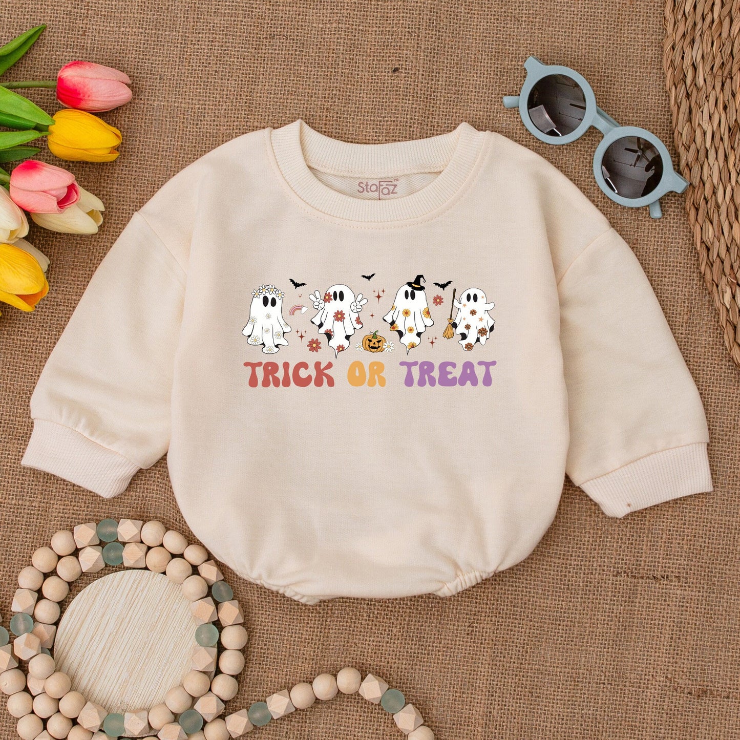 Retro Ghost Trick or Treat Baby Romper Bodysuit with Flying Bats and Stars, Fall Halloween Bubble Sweatshirt Outfit for Infant Girl Boy Shower Gift