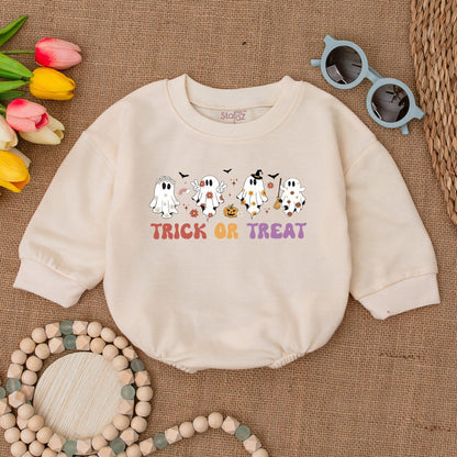 Retro Ghost Trick or Treat Baby Romper Bodysuit with Flying Bats and Stars, Fall Halloween Bubble Sweatshirt Outfit for Infant Girl Boy Shower Gift