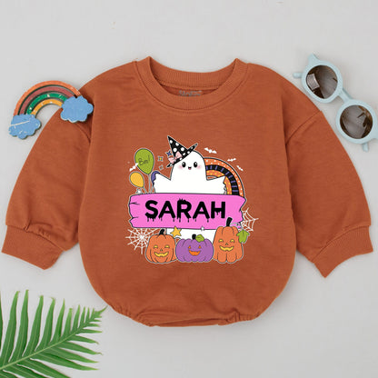 Personalized Sarah's Spooky Halloween Romper, Ghost & Jack-O-Lanterns Baby Outfit, Boo Balloons, Cute First Halloween Baby Shower Gift, Spooky Fun (139 chars)