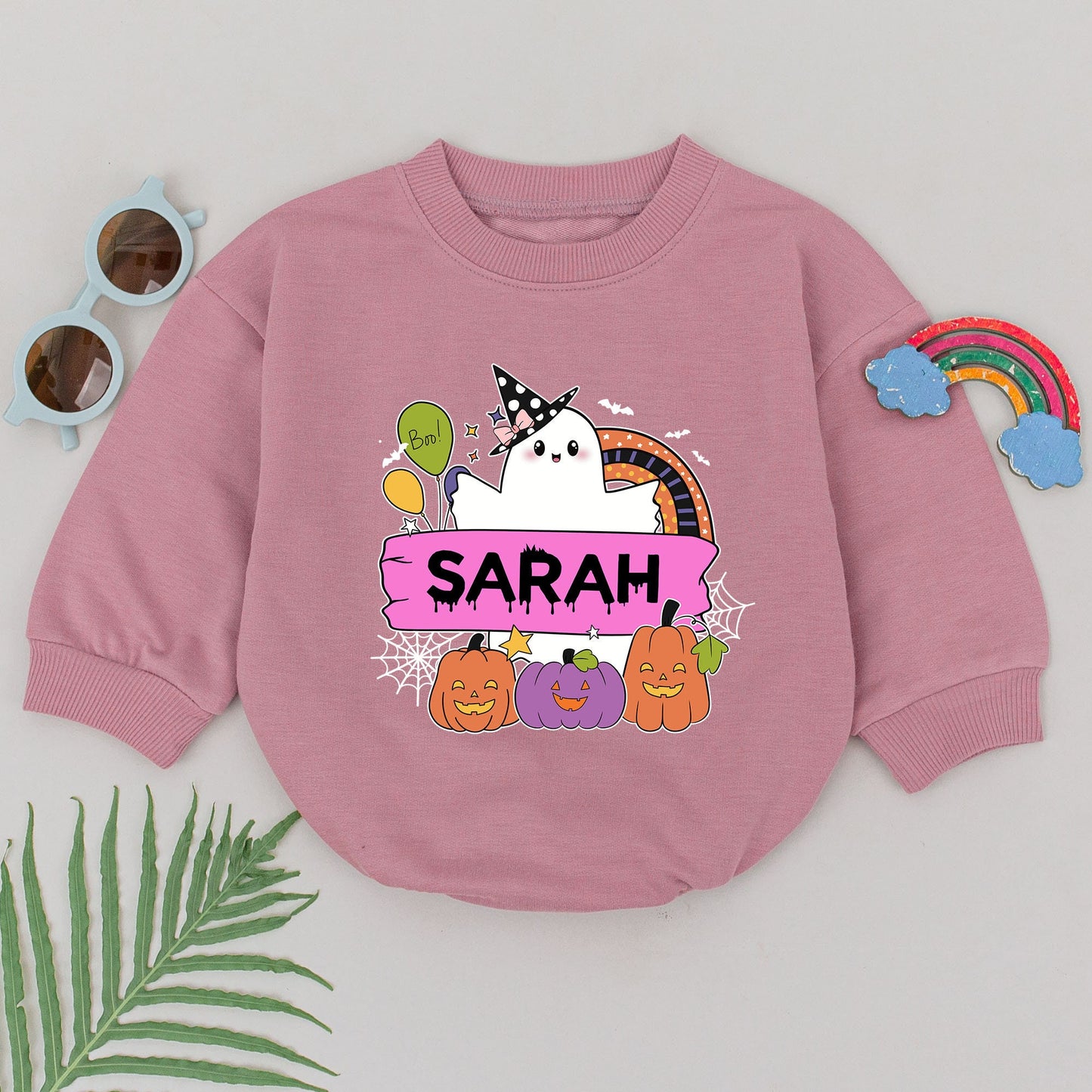 Personalized Sarah's Spooky Halloween Romper, Ghost & Jack-O-Lanterns Baby Outfit, Boo Balloons, Cute First Halloween Baby Shower Gift, Spooky Fun (139 chars)
