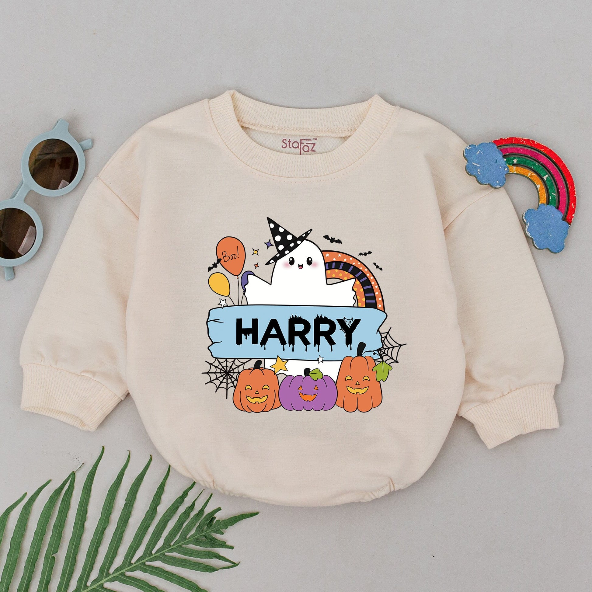 Personalized Baby Boy Halloween Romper Whimsical Ghost Rainbow Name Design Fall Spooky Baby Shower Gift First Boo Outfit Jack-o-Lanterns