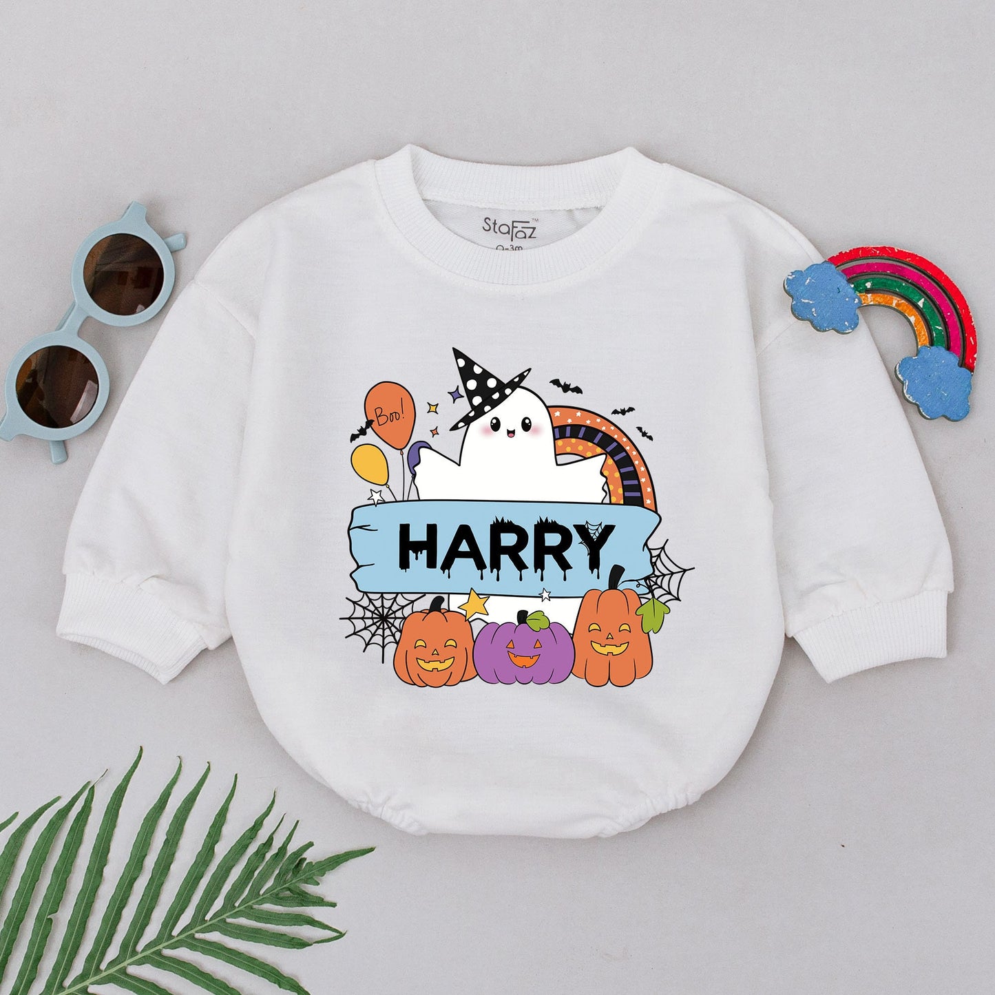 Personalized Baby Boy Halloween Romper Whimsical Ghost Rainbow Name Design Fall Spooky Baby Shower Gift First Boo Outfit Jack-o-Lanterns