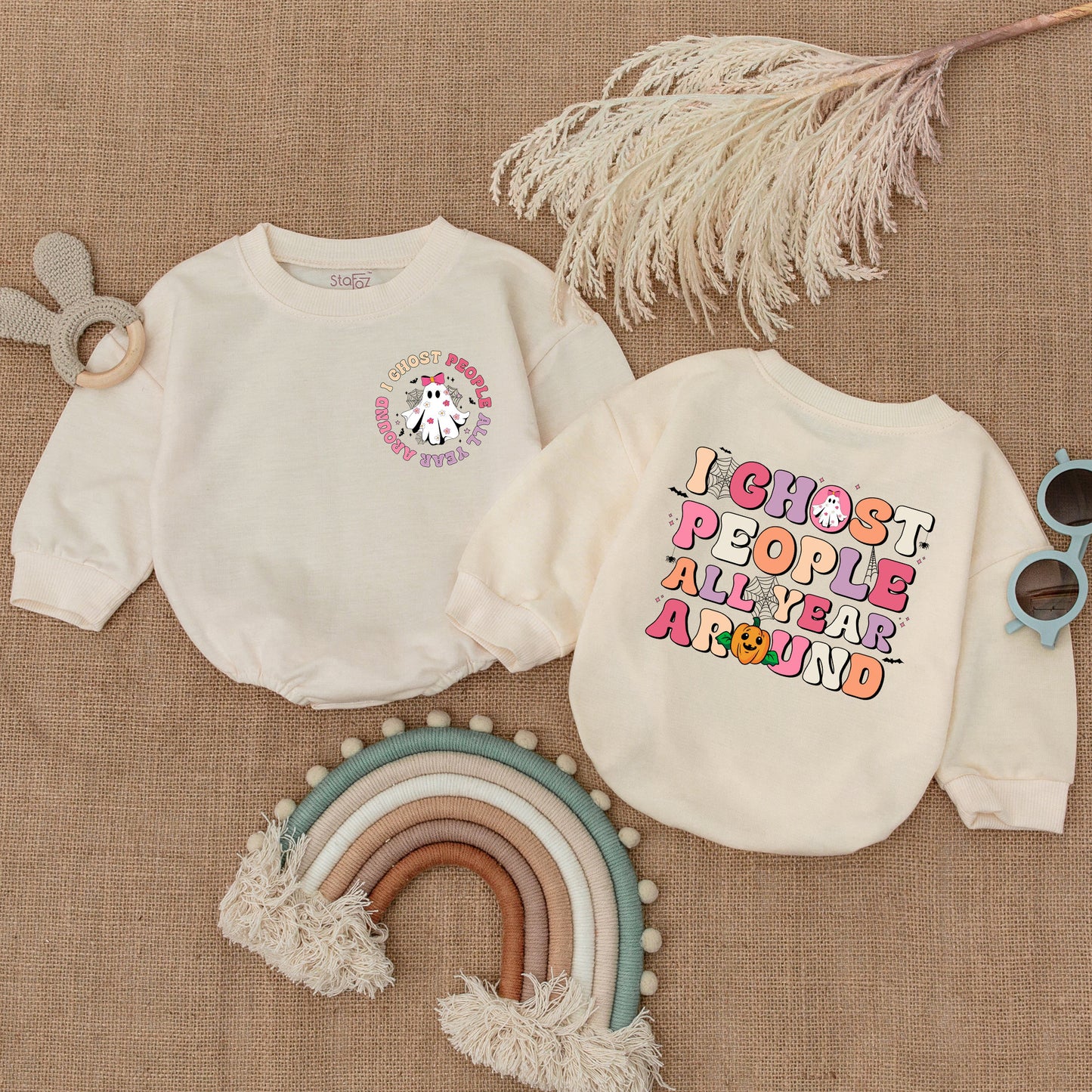 I Ghost People All Year Around Baby Bodysuit Retro Halloween Ghost Pumpkin Whimsical Infant Girl Boy Outfit with Pink Bow Bats and Spiderwebs Shower Gift