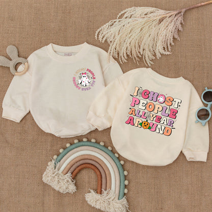 I Ghost People All Year Around Baby Bodysuit Retro Halloween Ghost Pumpkin Whimsical Infant Girl Boy Outfit with Pink Bow Bats and Spiderwebs Shower Gift
