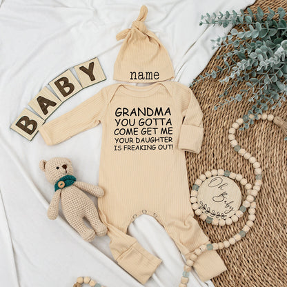 Grandma, Your Daughter is Freaking Out! Funny Baby Bodysuit & Hat Set, Newborn Gift for Grandma, Baby Shower