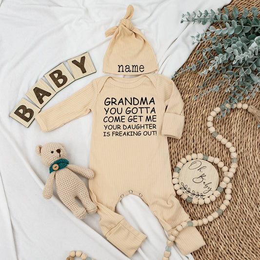 Grandma, Your Daughter is Freaking Out! Funny Baby Bodysuit & Hat Set, Newborn Gift for Grandma, Baby Shower