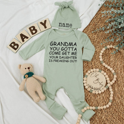 Grandma, Your Daughter is Freaking Out! Funny Baby Bodysuit & Hat Set, Newborn Gift for Grandma, Baby Shower