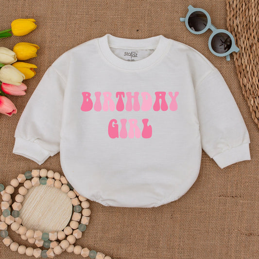Birthday Girl Bubble Romper Retro Pink Gradient 'BIRTHDAY GIRL' Design Baby Girl Outfit Cute First Birthday Clothes Gift