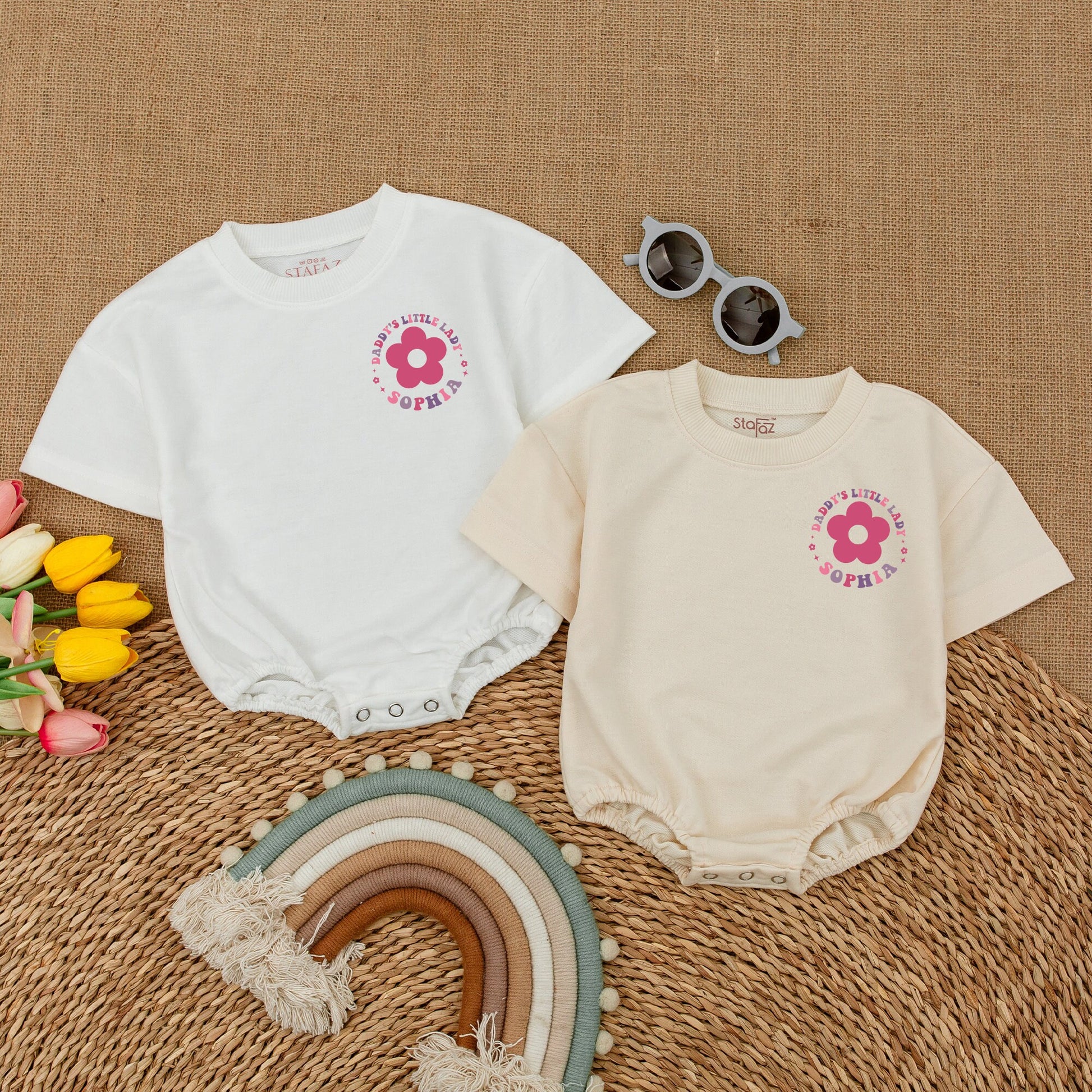 Custom Daddy's Little Lady Romper Retro Floral Stars Toddler Girl Bodysuit Baby Girl Outfit First Birthday Gift