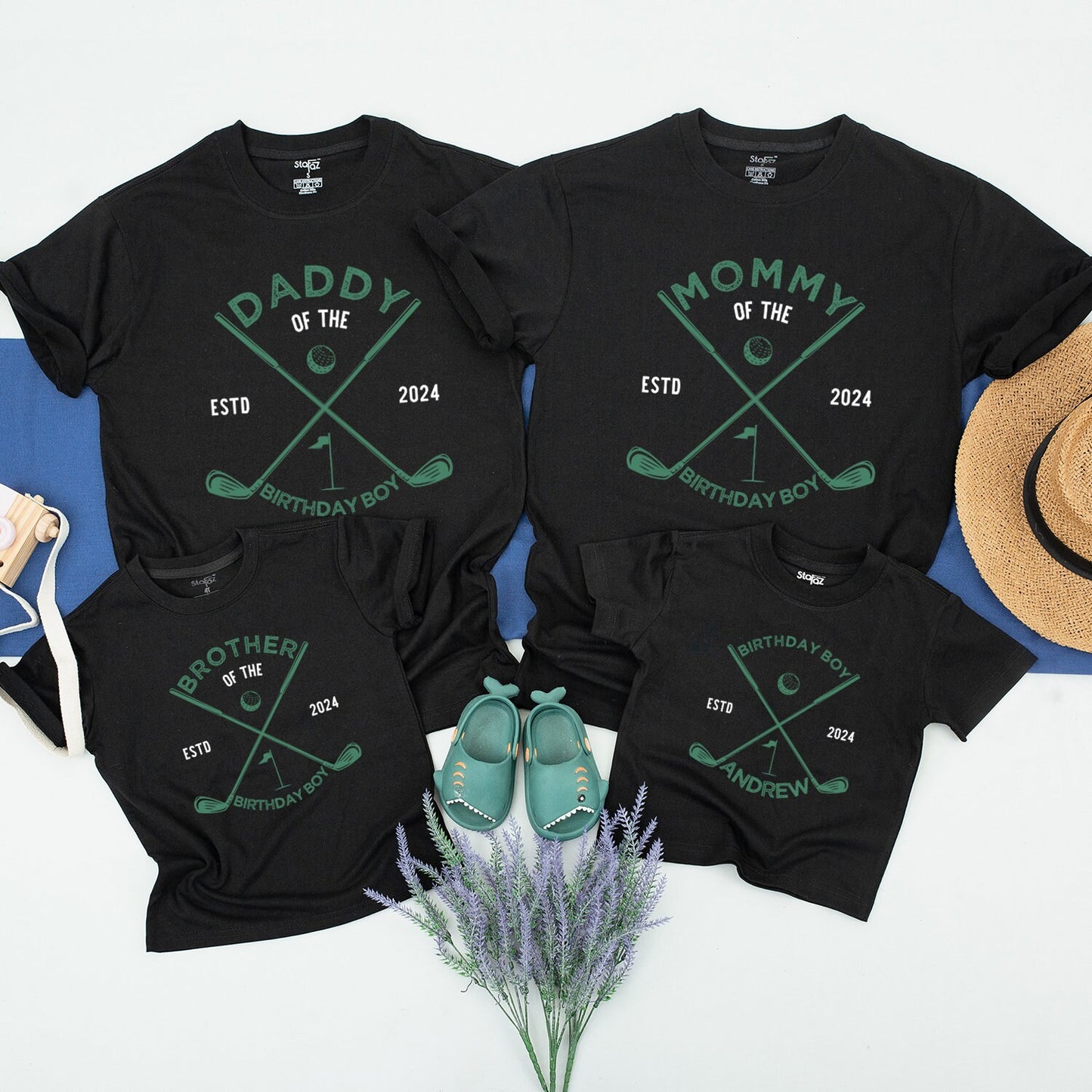 Daddy of the Birthday Boy Golf Shirt, 1st Birthday Outfit, Hole in One, 2024 Family Matching Tee, Light Green Design, ESTD, Andrew's Onesie (136 chars)