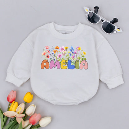 Little Wildflower Boho Floral Name Bubble Romper Vintage Baby Shower Gift Newborn Coming Home Outfit