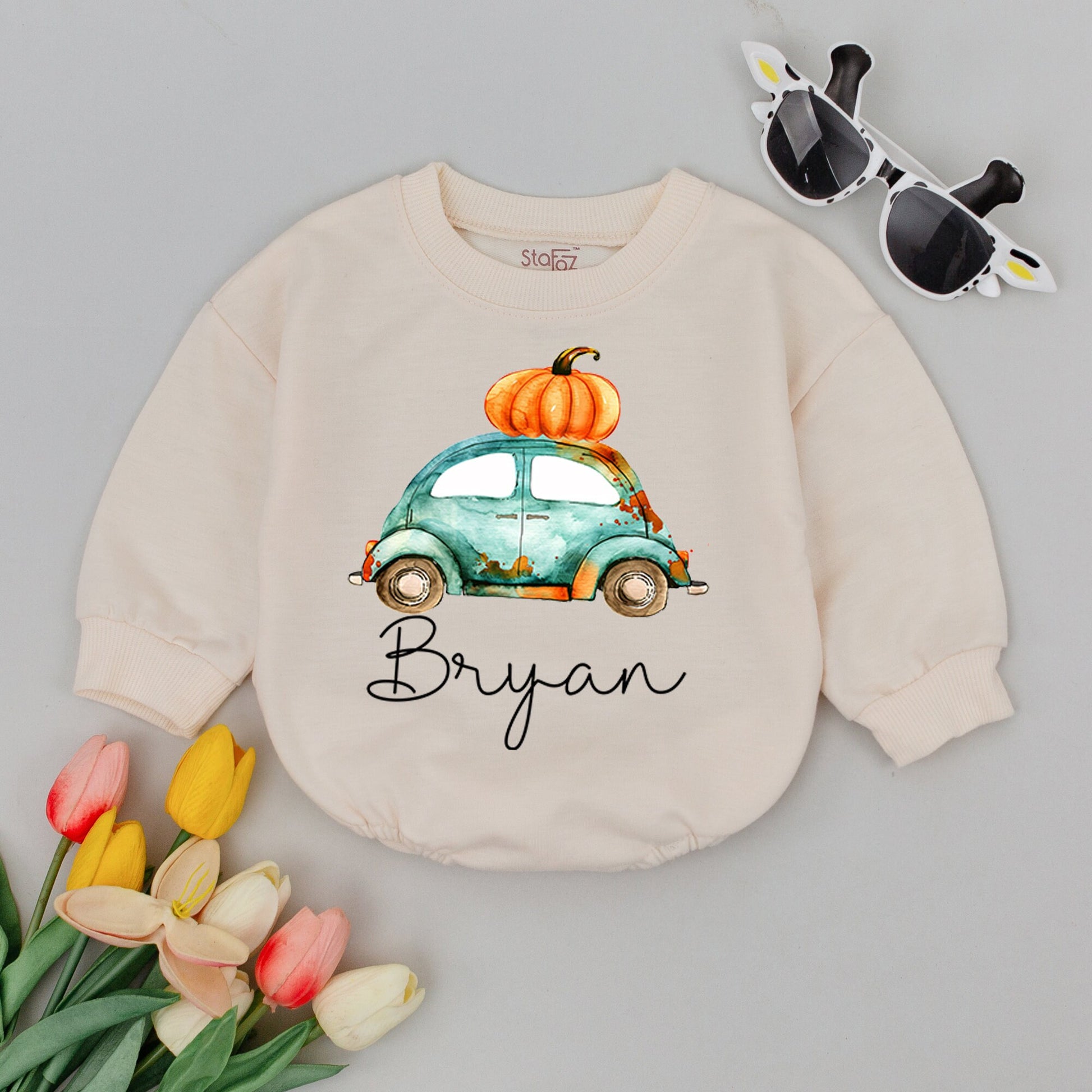 Personalized Boho Boy's Fall Tractor Romper, Watercolor Pumpkin Truck Baby Shower Gift, Newborn Boy Clothes, Cute Fall Outfit