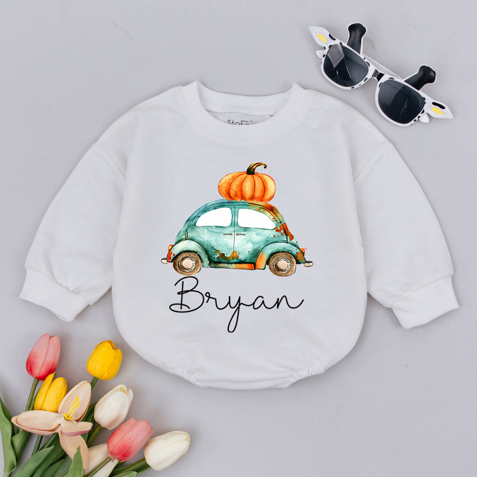 Personalized Boho Boy's Fall Tractor Romper, Watercolor Pumpkin Truck Baby Shower Gift, Newborn Boy Clothes, Cute Fall Outfit