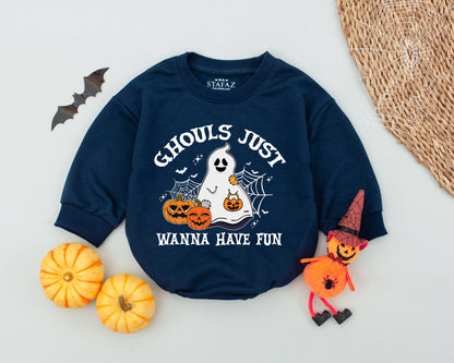 Ghouls Just Wanna Have Fun Baby Romper, Cute Halloween Ghost Outfit, Toddler First Halloween Babysuit, Spooky Black Crosses Design, Soft Cotton 138