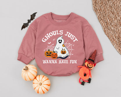 Ghouls Just Wanna Have Fun Baby Romper, Cute Halloween Ghost Outfit, Toddler First Halloween Babysuit, Spooky Black Crosses Design, Soft Cotton 138