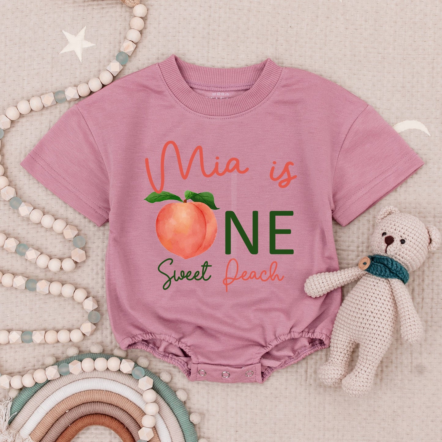 Mia is ONE Sweet Peach Baby Romper Cute Peach 1st Birthday Outfit Girl Peach Baby Shower Gift Toddler Girl Clothes
