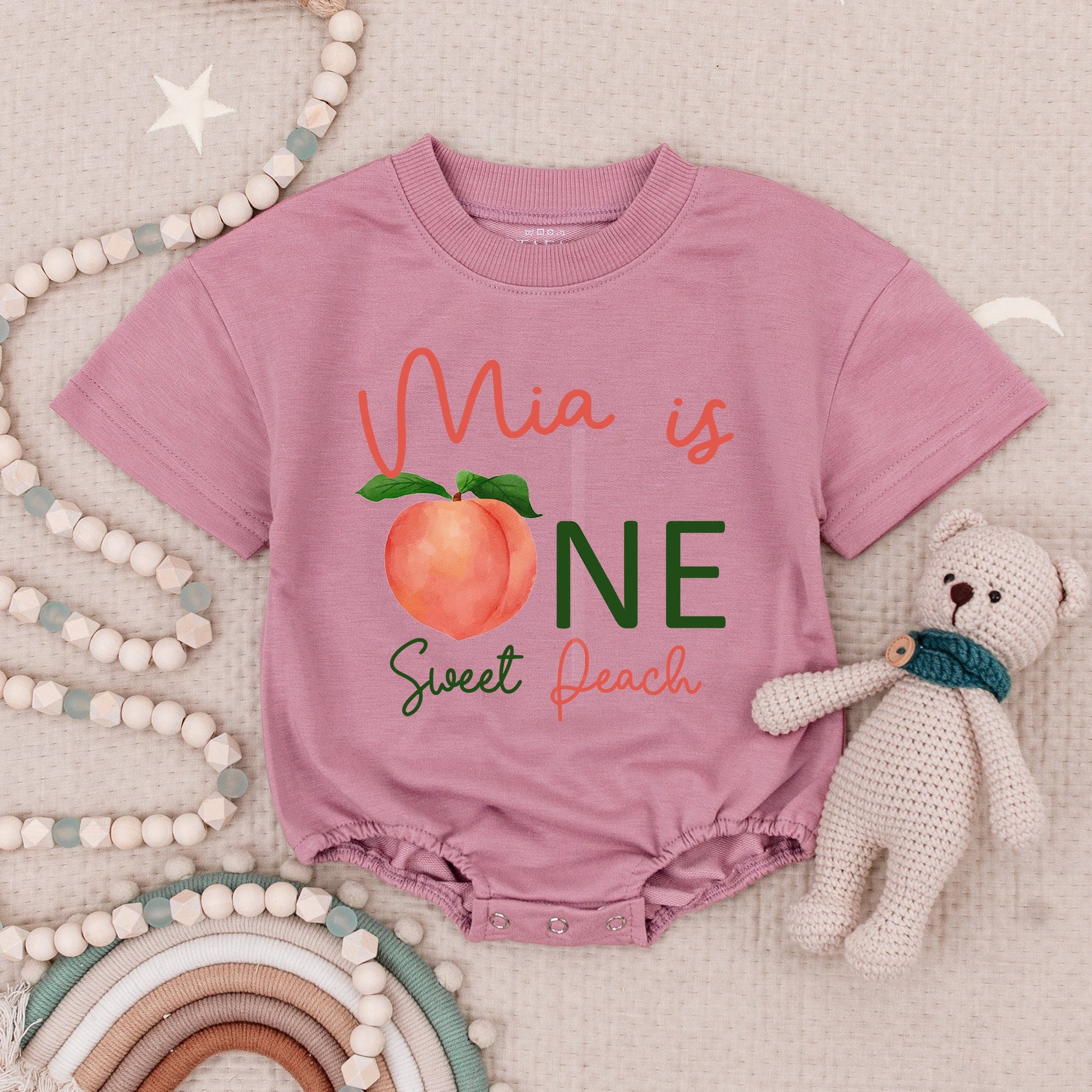 Mia is ONE Sweet Peach Baby Romper Cute Peach 1st Birthday Outfit Girl Peach Baby Shower Gift Toddler Girl Clothes