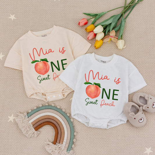 Mia is ONE Sweet Peach Baby Romper Cute Peach 1st Birthday Outfit Girl Peach Baby Shower Gift Toddler Girl Clothes