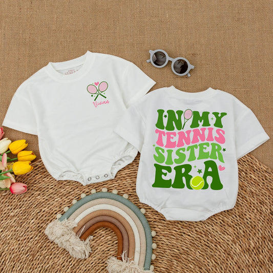 Custom Tennis Sister Romper Baby Girls Toddler T-Shirt Big Sister Era Bodysuit Toddler Girl Outfit Tennis Announcement