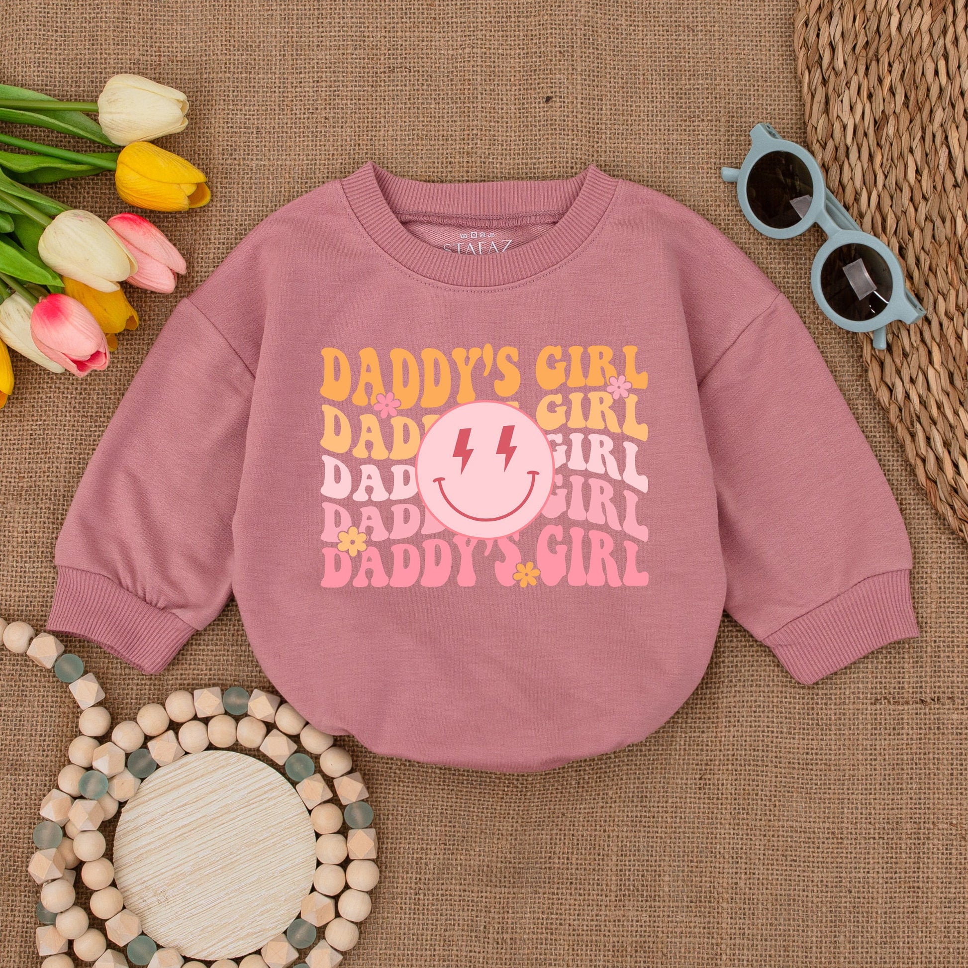 Daddy's Girl Retro Romper with Smiley Face Lightning Bolts Baby Girl Outfit Bubble Romper Newborn Gift Father's Day Present Cute