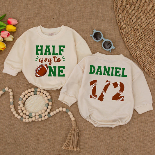 Half Way To One Football Romper, 6 Month Bodysuit, Game Day Birthday Outfit, Baby Boy Clothes, Future All Star Celebration, Soft Cotton (139 chars)