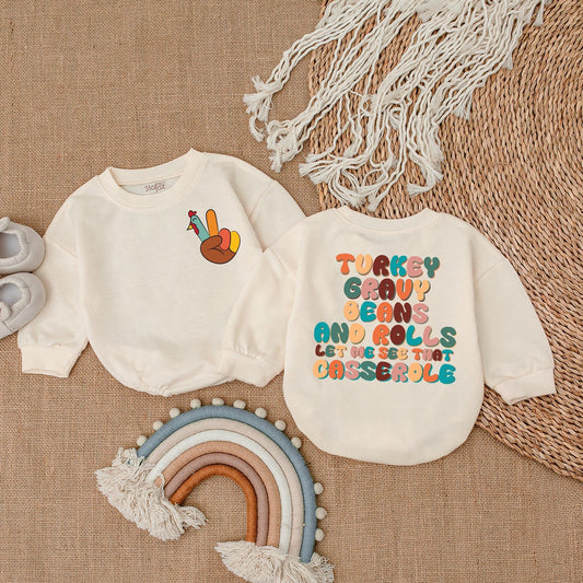 Peace Sign Turkey Baby Girl Outfit My First Thanksgiving Romper Cute Fall Baby Clothes Colorful Bird Design Vintage Style