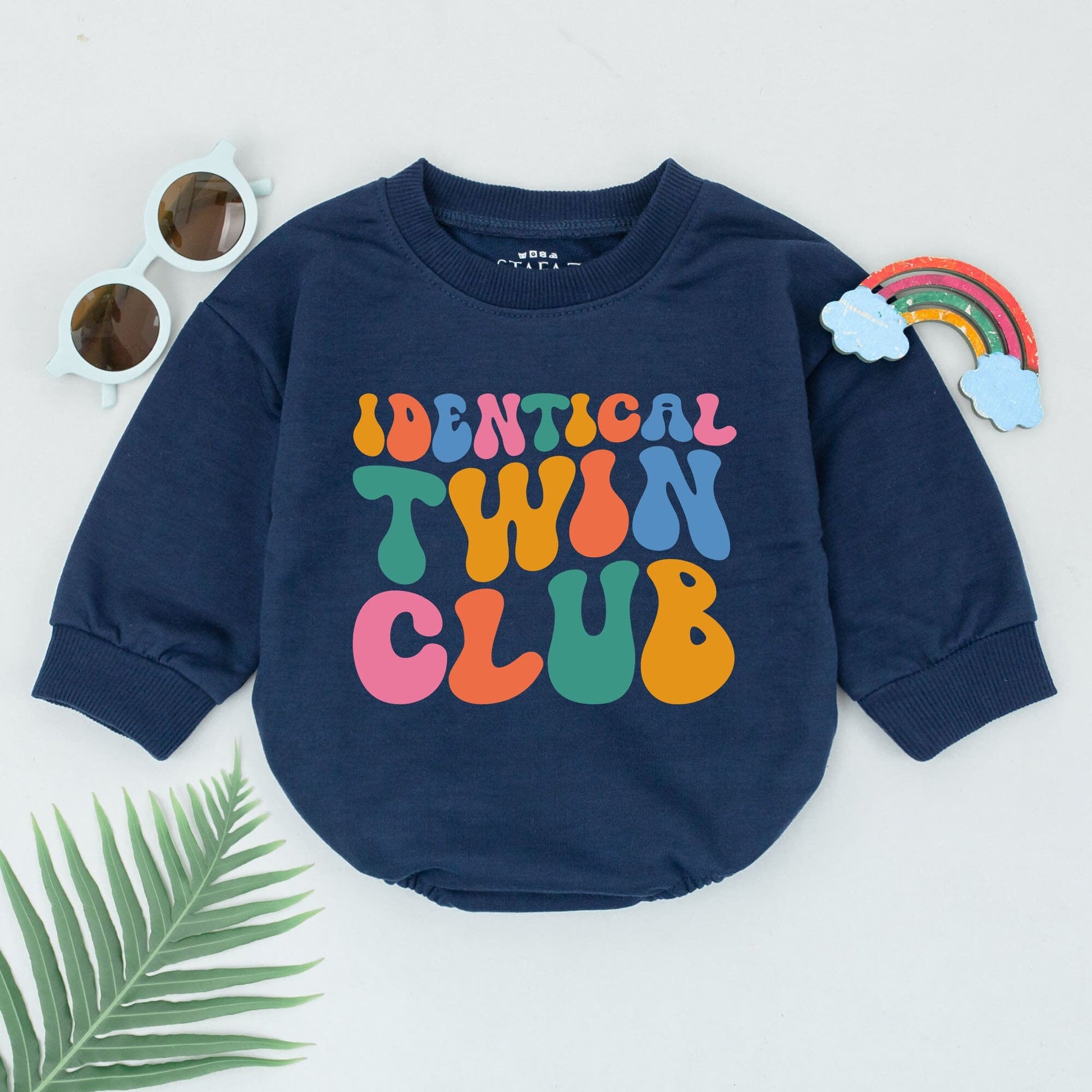 Identical Twin Club Romper Rainbow Retro Font Baby Bodysuit for Boys and Girls BFF Soulmate Outfit