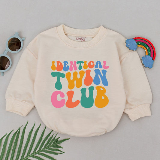 Identical Twin Club Romper Rainbow Retro Font Baby Bodysuit for Boys and Girls BFF Soulmate Outfit