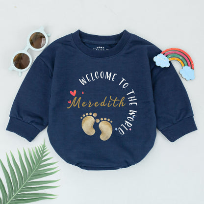 Welcome To The World Personalized Romper Meredith's Footprints Newborn Outfit Sweet Baby Girl Boy Shower Gift Take Home Outfit Custom Bodysuit 134