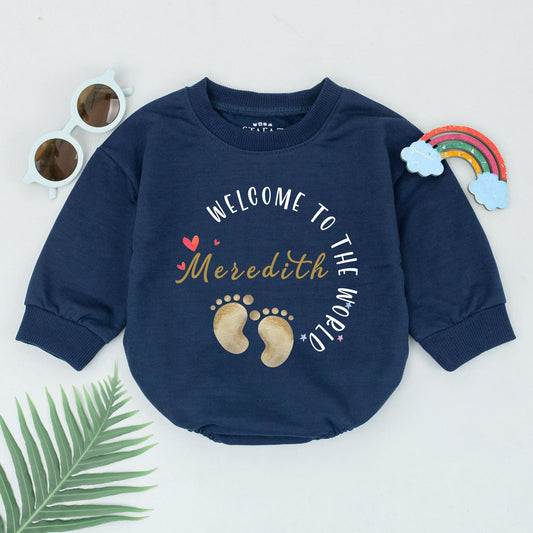 Welcome To The World Personalized Romper Meredith's Footprints Newborn Outfit Sweet Baby Girl Boy Shower Gift Take Home Outfit Custom Bodysuit 134