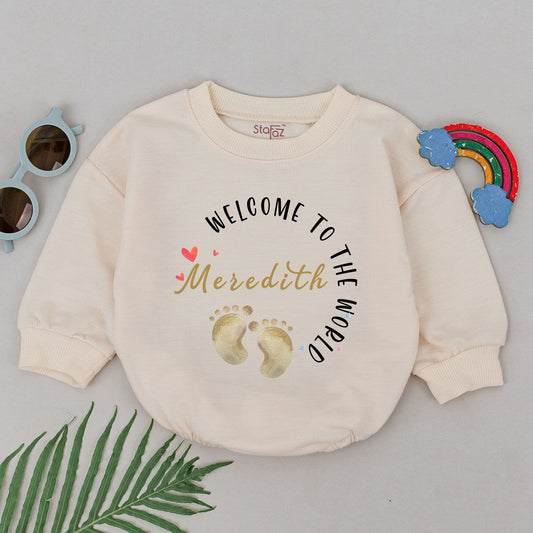 Welcome To The World Personalized Romper Meredith's Footprints Newborn Outfit Sweet Baby Girl Boy Shower Gift Take Home Outfit Custom Bodysuit 134