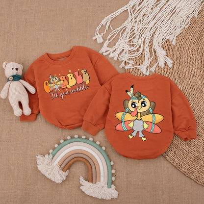 Gobble Til You Wobble Baby Romper Thanksgiving Outfit Turkey with Headdress & Stars Baby Fall Clothes Cute Retro Design