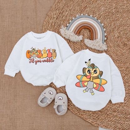 Gobble Til You Wobble Baby Romper Thanksgiving Outfit Turkey with Headdress & Stars Baby Fall Clothes Cute Retro Design