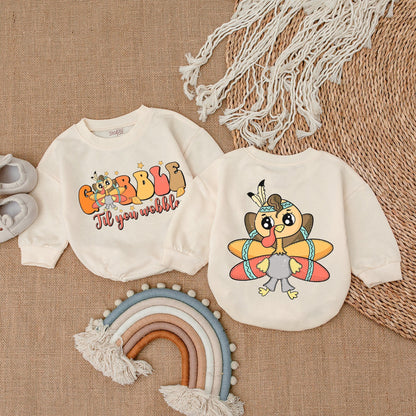 Gobble Til You Wobble Baby Romper Thanksgiving Outfit Turkey with Headdress & Stars Baby Fall Clothes Cute Retro Design