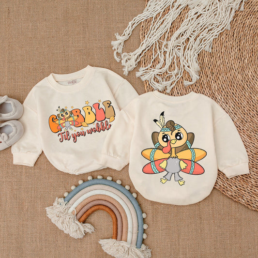 Gobble Til You Wobble Baby Romper Thanksgiving Outfit Turkey with Headdress & Stars Baby Fall Clothes Cute Retro Design
