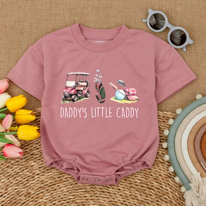 Daddy's Little Caddy Golf Romper: Cute Pink Cart & Clubs Baby Bodysuit for Future Golfer Girl, Baby Shower Gift, Comfy Short Sleeve Outfit (139 chars)