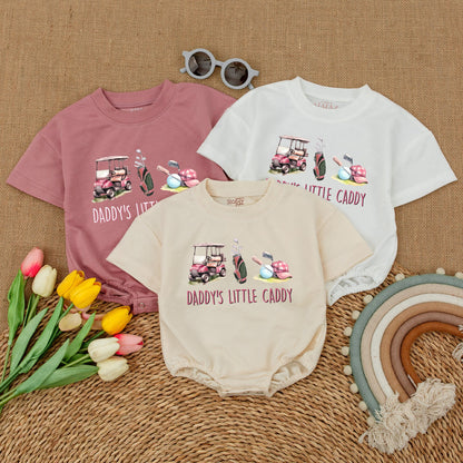 Daddy's Little Caddy Golf Romper: Cute Pink Cart & Clubs Baby Bodysuit for Future Golfer Girl, Baby Shower Gift, Comfy Short Sleeve Outfit (139 chars)