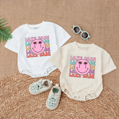 Lake Babe Baby Girl Romper Summer Outfit with Smiley Face Rainbow Pastel Design Baby Shower Gift New Baby Clothes