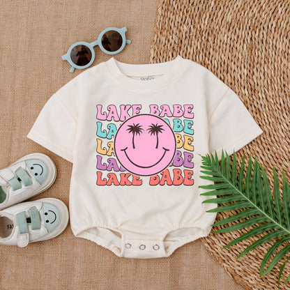 Lake Babe Baby Girl Romper Summer Outfit with Smiley Face Rainbow Pastel Design Baby Shower Gift New Baby Clothes