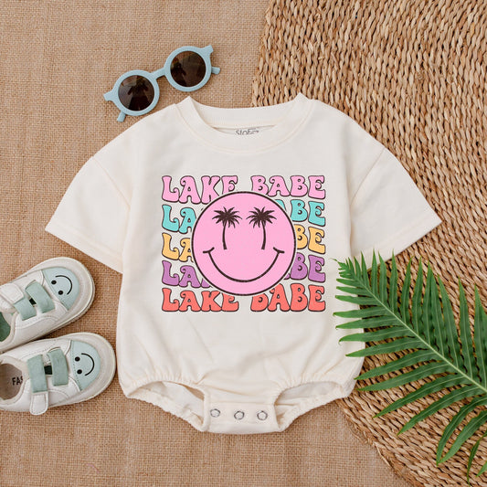 Lake Babe Baby Girl Romper Summer Outfit with Smiley Face Rainbow Pastel Design Baby Shower Gift New Baby Clothes