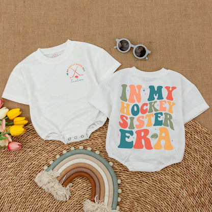 In My Hockey Sister Era Custom Romper for Baby Girl & Toddler Shirt, Hockey Sticks & Puck Design, Comfy Cotton Outfit, Baby Shower Gift