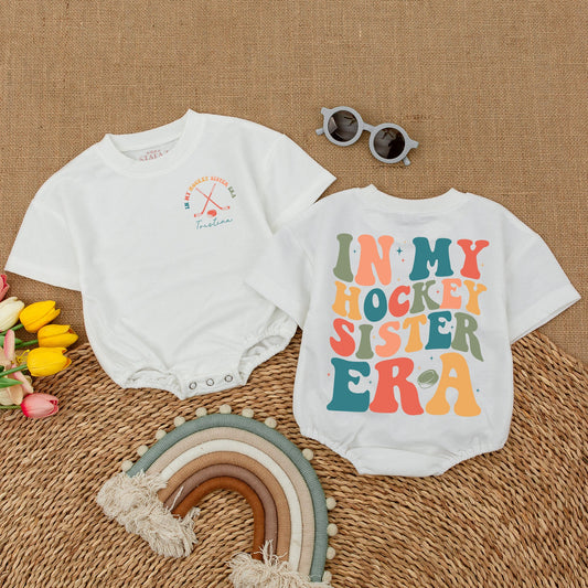 In My Hockey Sister Era Custom Romper for Baby Girl & Toddler Shirt, Hockey Sticks & Puck Design, Comfy Cotton Outfit, Baby Shower Gift