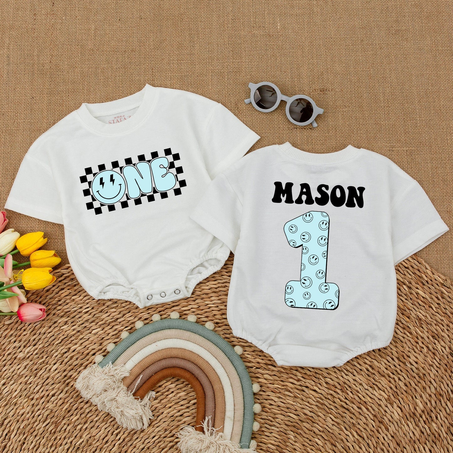 Cool Custom Blue Romper: Happy Face Bodysuit for 1st Birthday Fun